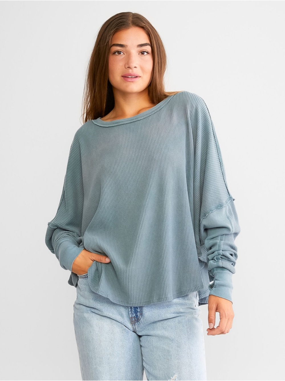 Free People We The Free Waffle Knit Oversized Top Sage Green Size Small NWT